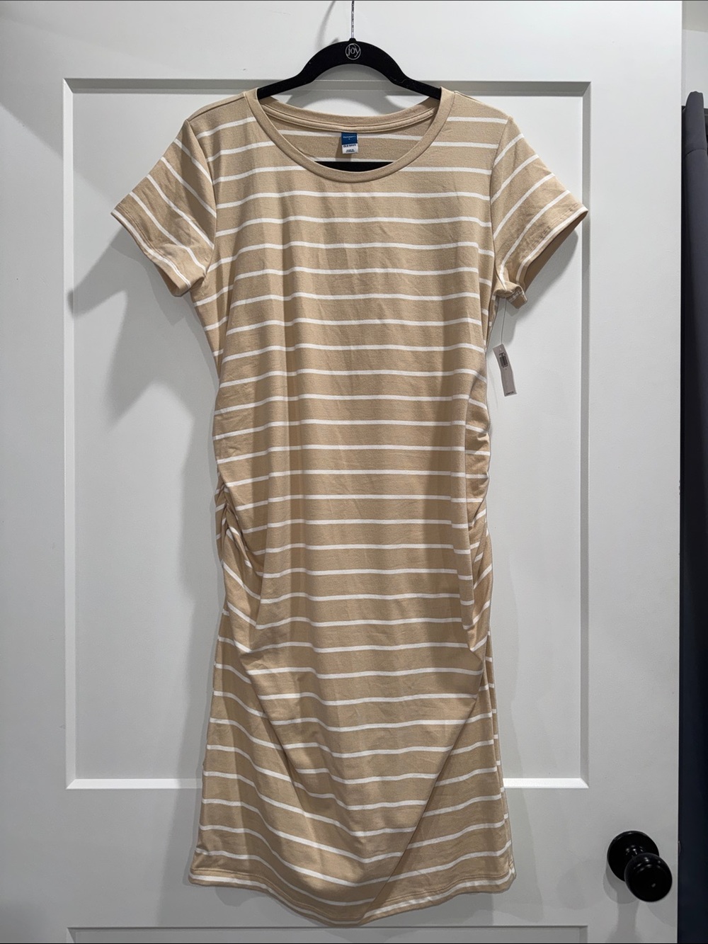 Old Navy Beige & White Striped Short Sleeve Maternity Midi Dress